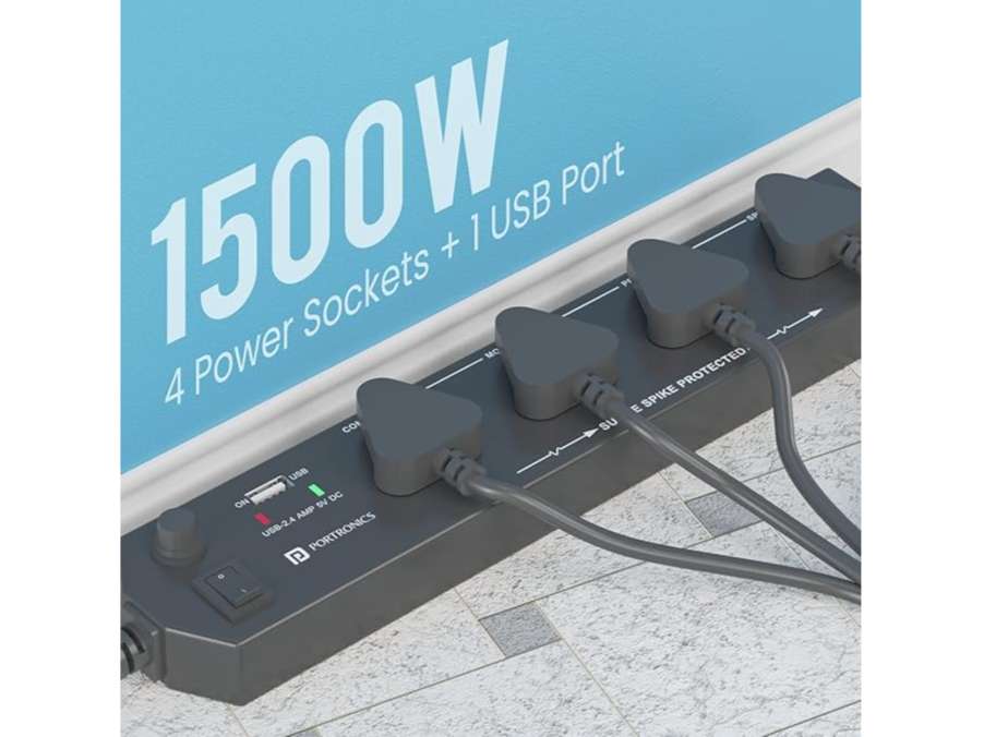 Portronics Power Plate 4 USB Charging, 1500 Watts, 4 Universal Sockets, 1.5m Long Cord - Black view 2