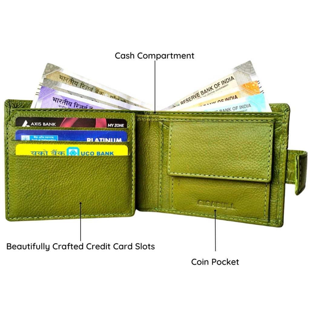 GIGABULL Mens Genuine Leather Wallet with ID Window, Credit Card Holder & Money Pouch, Olive Green view 2