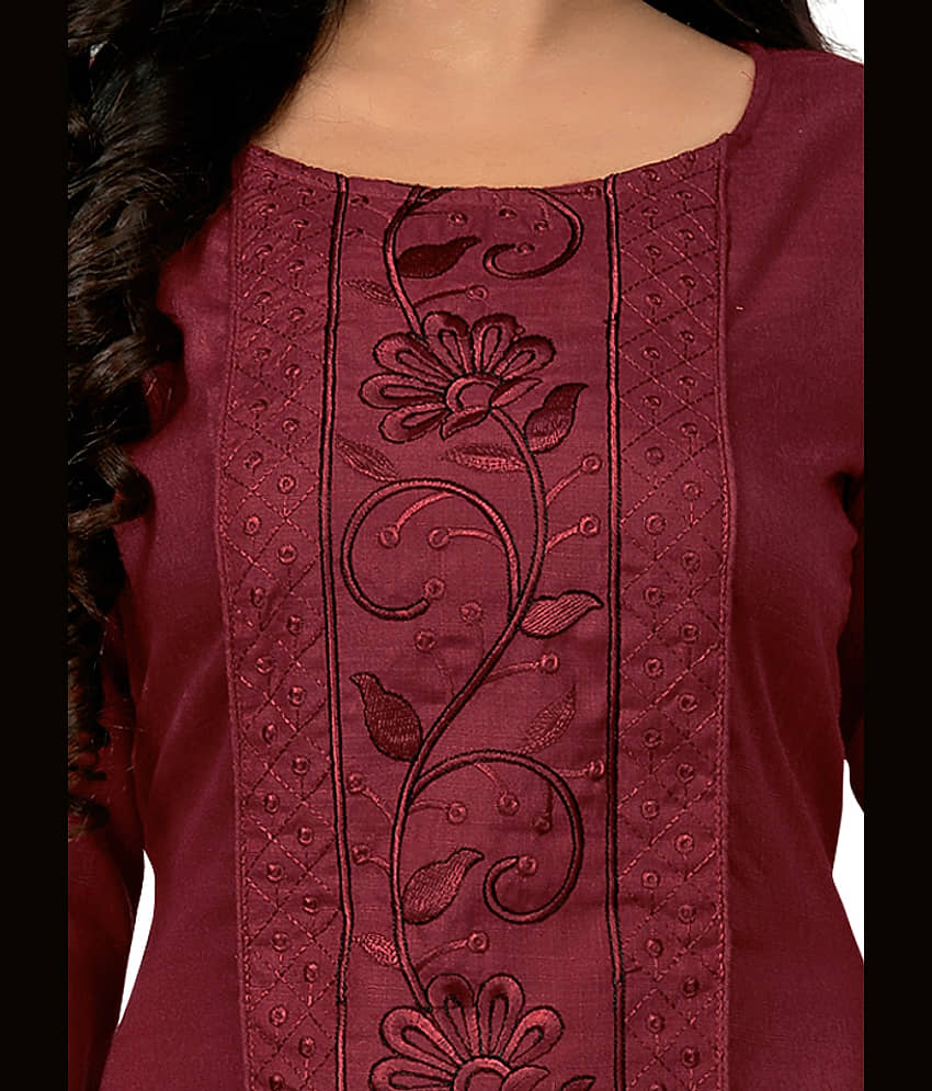 RIAANA Pack of 1 Cotton Blend Embroidered Straight Women's Kurti - ( Maroon ) view 2