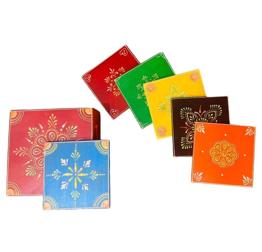 Wooden handpainted Coasters set of 6 - Tea Coaster - Dining Table Decor Accessories - Coster Set for Dining Table for Hot Pots - Coasters for Cups Set of 6 -Durable and Long-Lasting, Premium Finish view 2