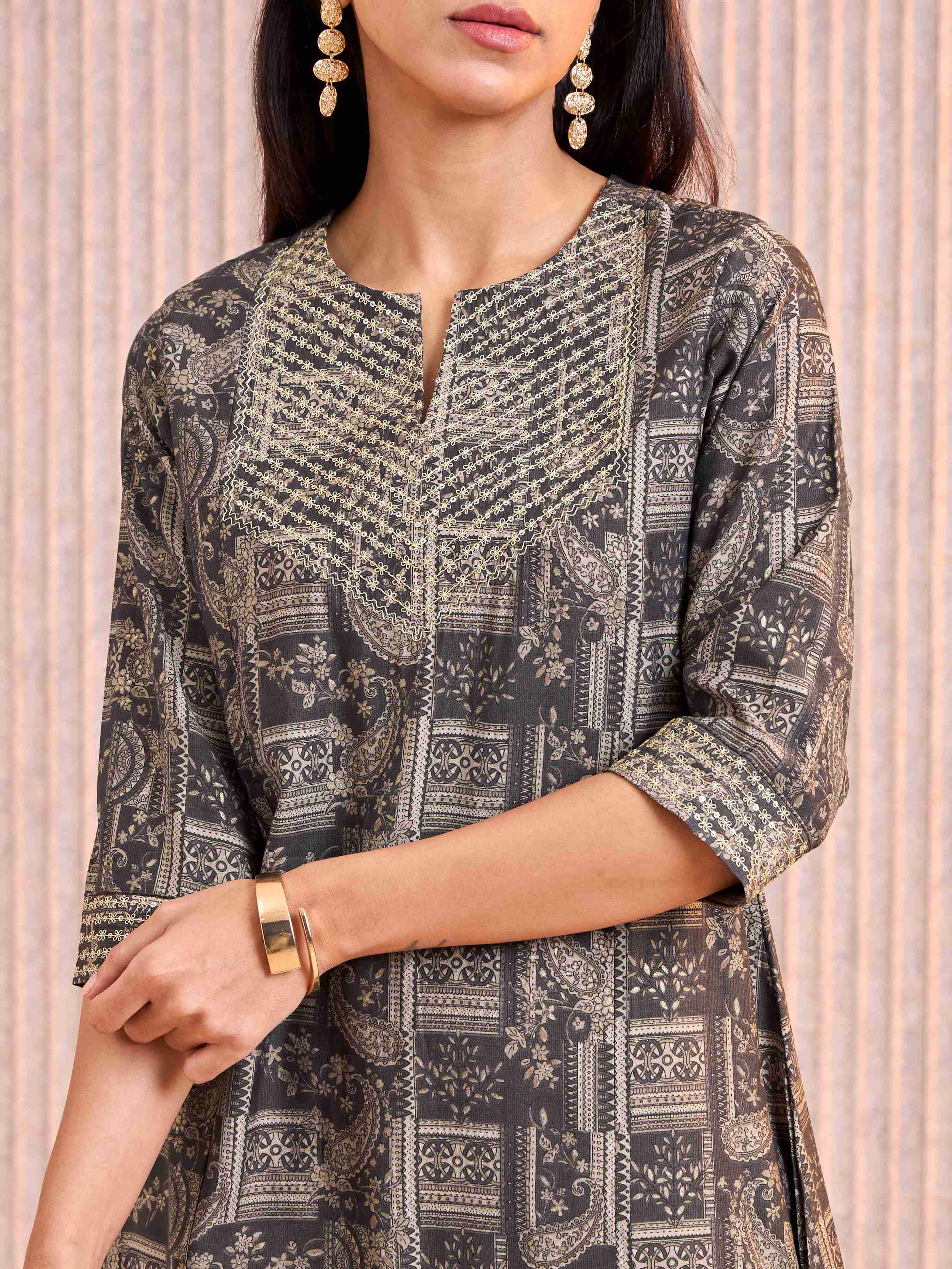 Dark Grey Modal Chanderi Printed Kurti With Cording Embroidery view 2