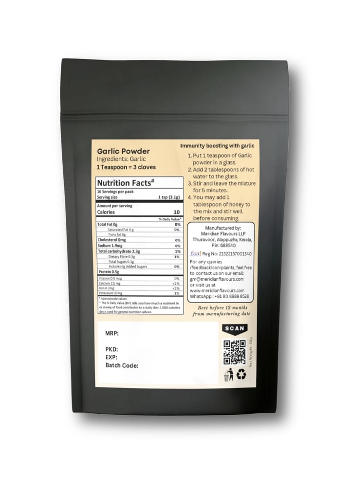 Meridian Flavours Dehydrated Garlic Powder | Washed and Cleaned | Outer Skin Removed | 100% Natural and Preservatives Free | 1 Teaspoon Powder = 3 Garlic Cloves | (Garlic Powder, 50gm) view 2