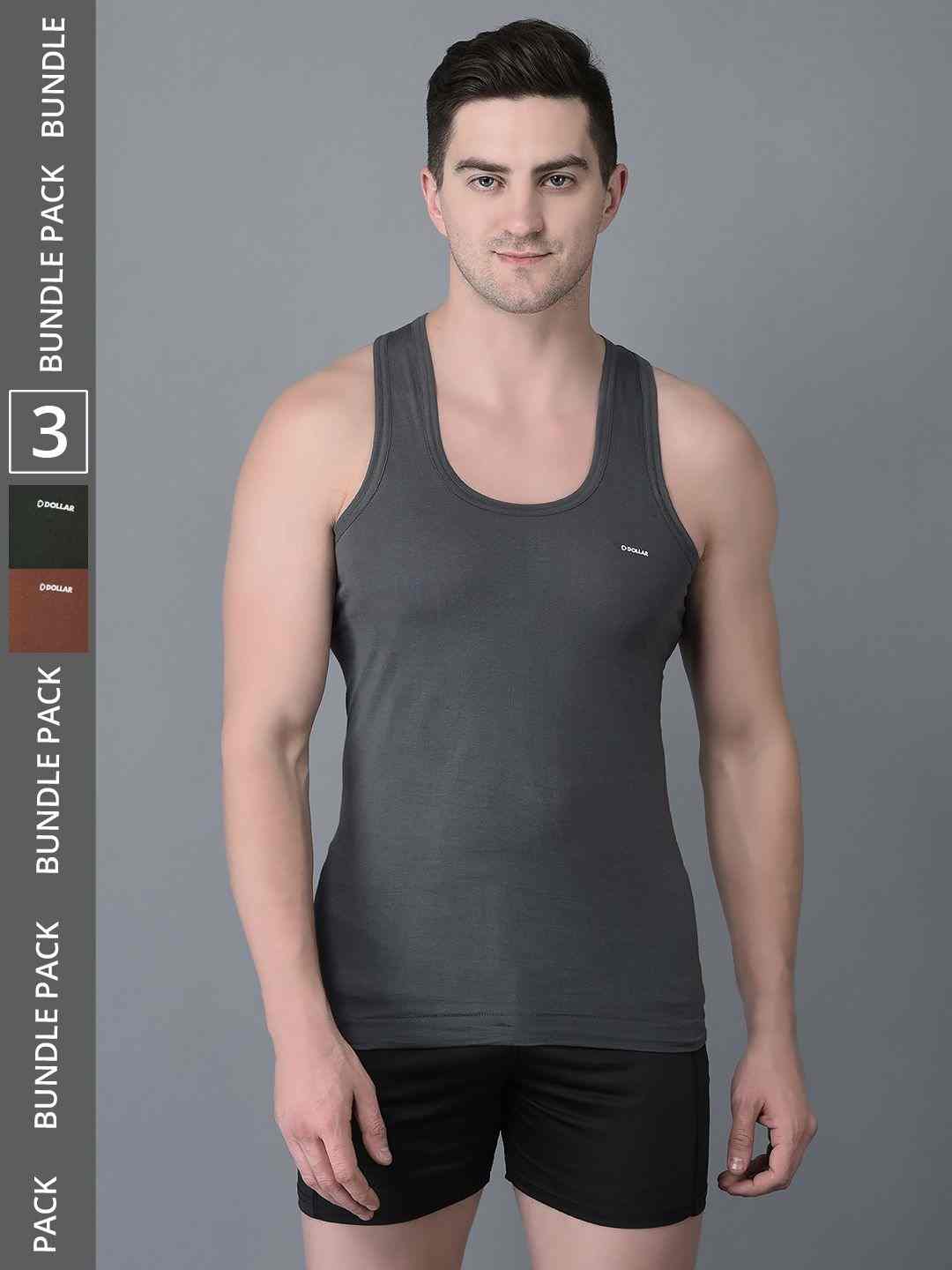 Dollar Bigboss Men’s Pack of 3 Solid Combed Cotton Shrinkless Vest view 2