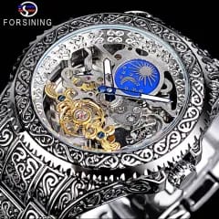 Forsining Série Mystère d'Art Vintage Engraved Rotatable Bezeled Self Winding Automatic Tourbillon Blue Moon Mechanical Stainless Steel Analog Watch - For Men view 2