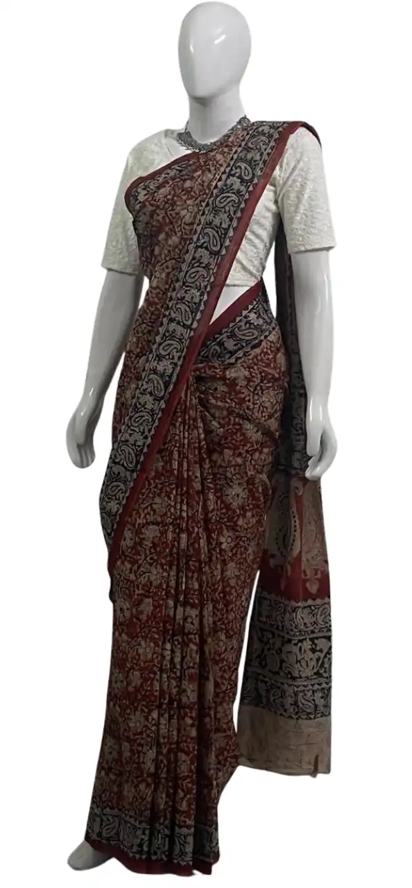 Kalamkari Cotton Saree Red Cream Floral view 2