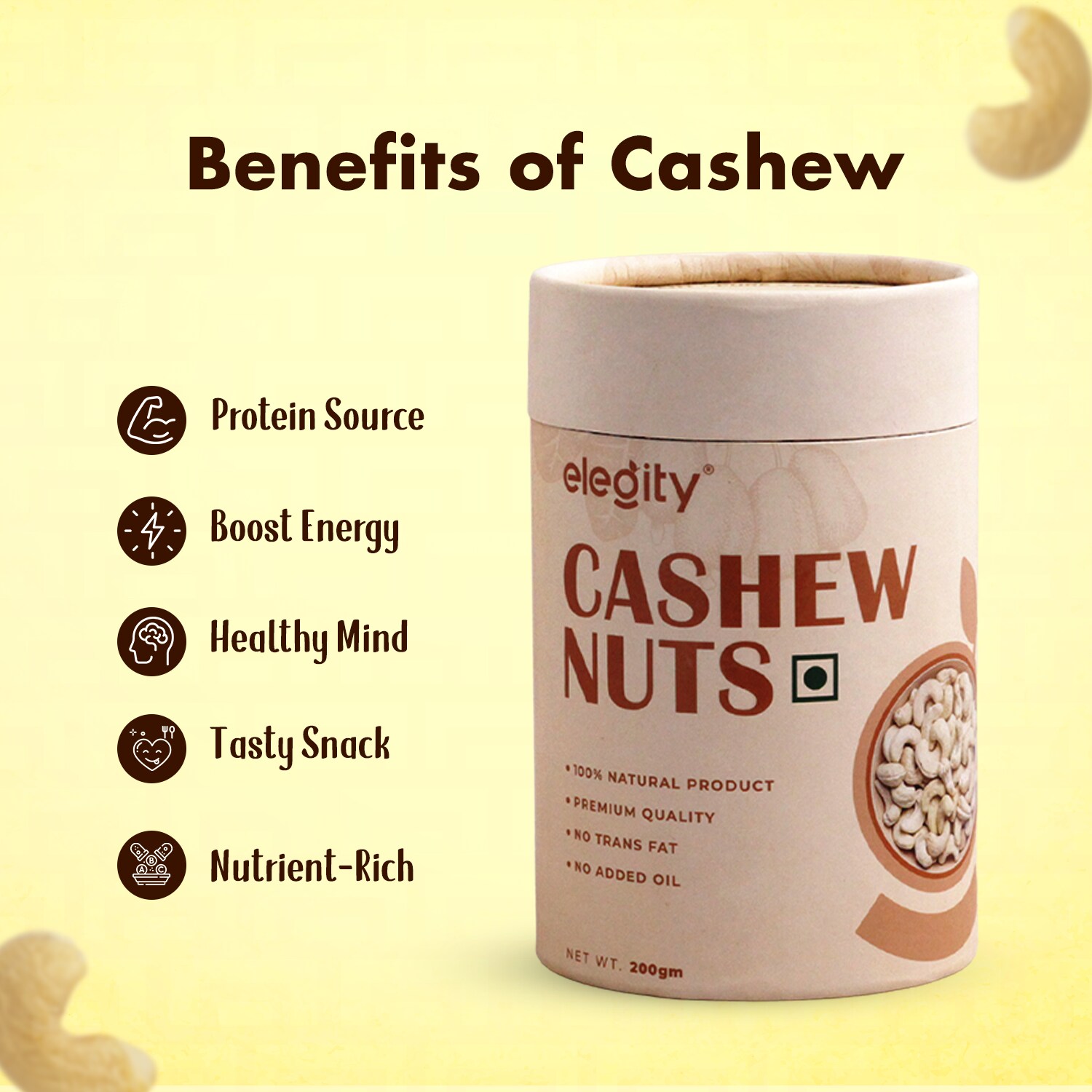 Elegity 100% Natural W210 Plain Cashew Papertube 200 gm | Whole Kaju - Nutritious, Delicious & Crunchy | No Added Preservatives in Dry Fruit | Source of Fibre, Rich in Protein view 2
