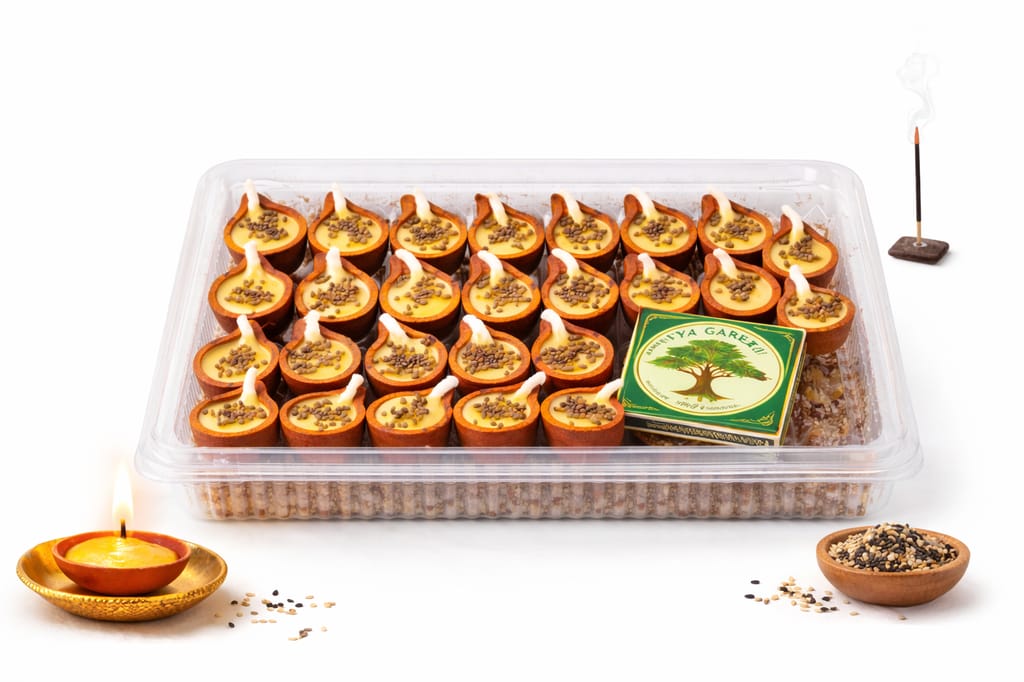 Ghee Diya Mixed Sesame Seeds (33 Pcs) with Match Box | Ready to Use Pooja Diya view 2