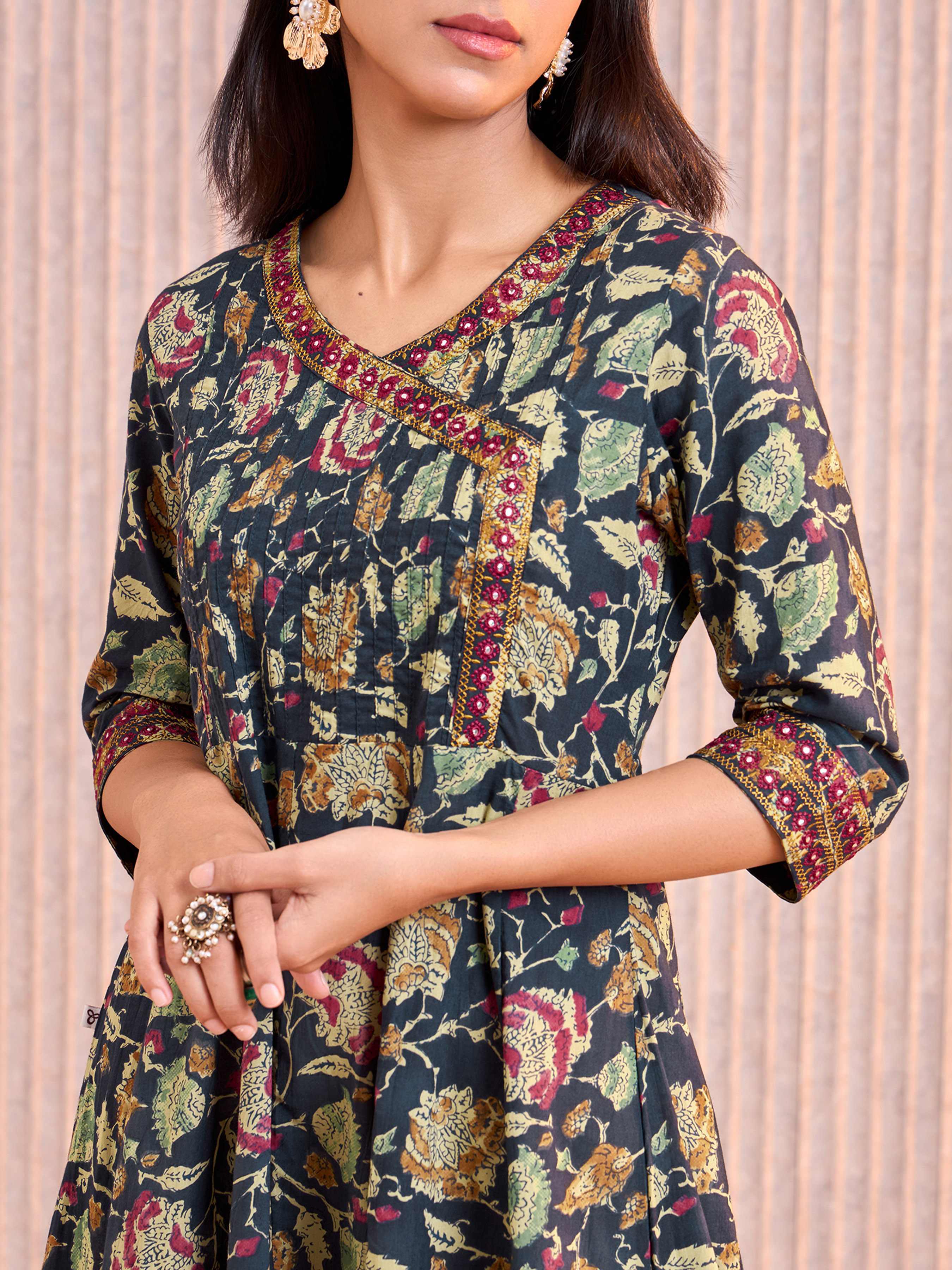Navy Blue Pure Cotton Printed Kurti With Mirror Work view 2