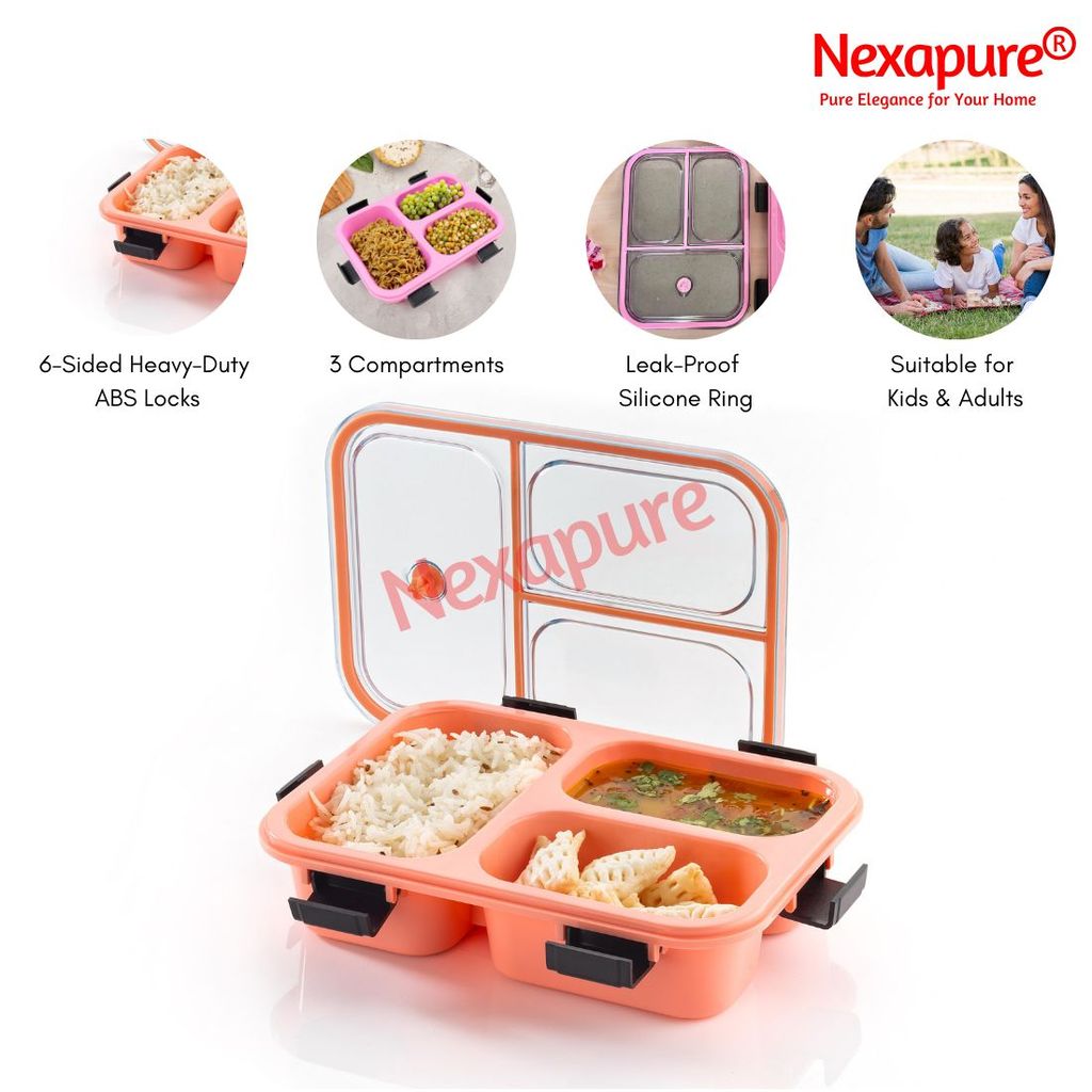 Nexapure Kids Lunch and Fruits Box - Leak-Proof 3-Compartment Lunch Box for Office & Kids | Reusable, Freezer Safe, PP Food Grade Plastic | Multicolor, Pack of 1 view 2