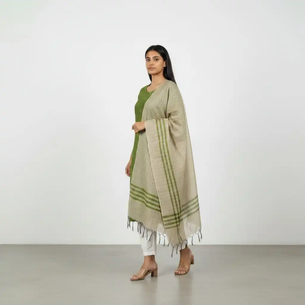 Parrot Green Mangalagiri Raw Silk Kurti with Buttas and Dupatta view 2