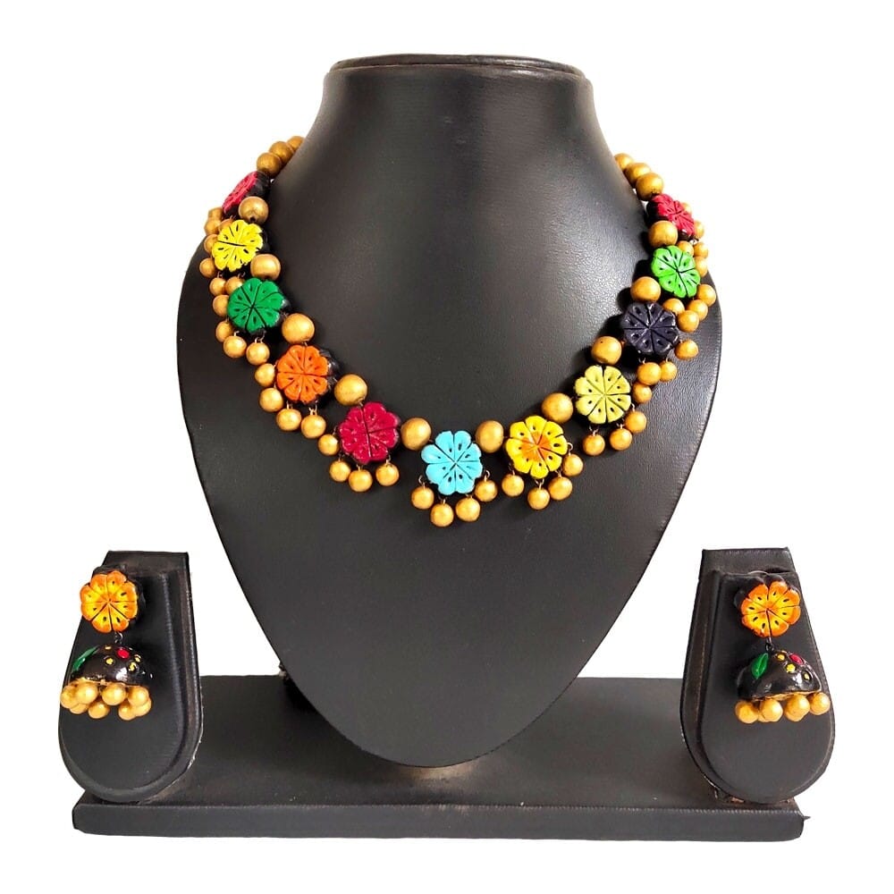Multi-coloured floral terracotta necklace set