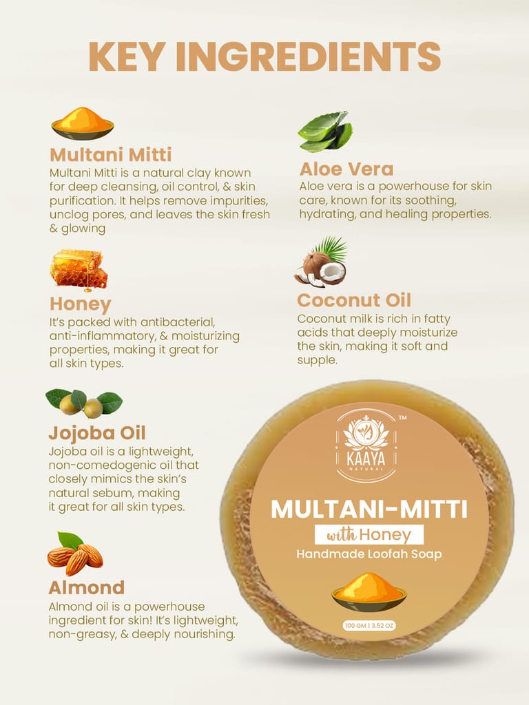 Kaaya Natural Multani Mitti & Honey Handmade Loofah Soap – 100 GM view 2