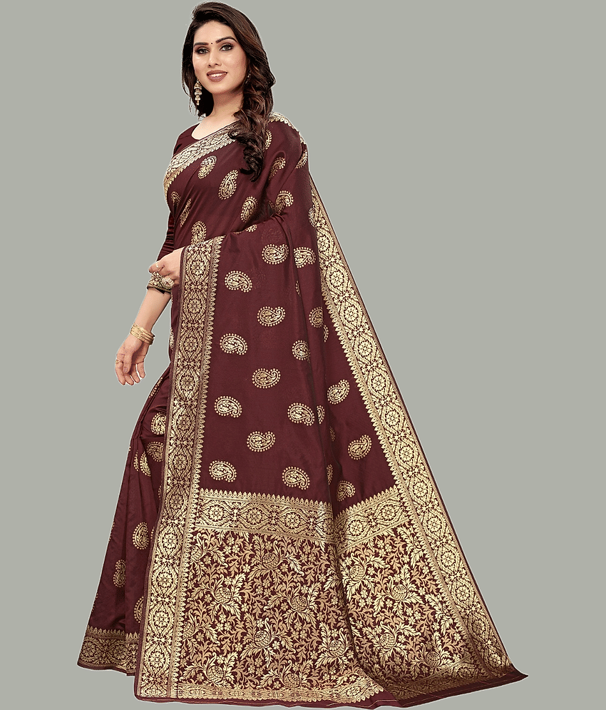 GARIYA Banarasi Silk Embellished Saree With Unstitched Blouse Piece ( Maroon ) view 2