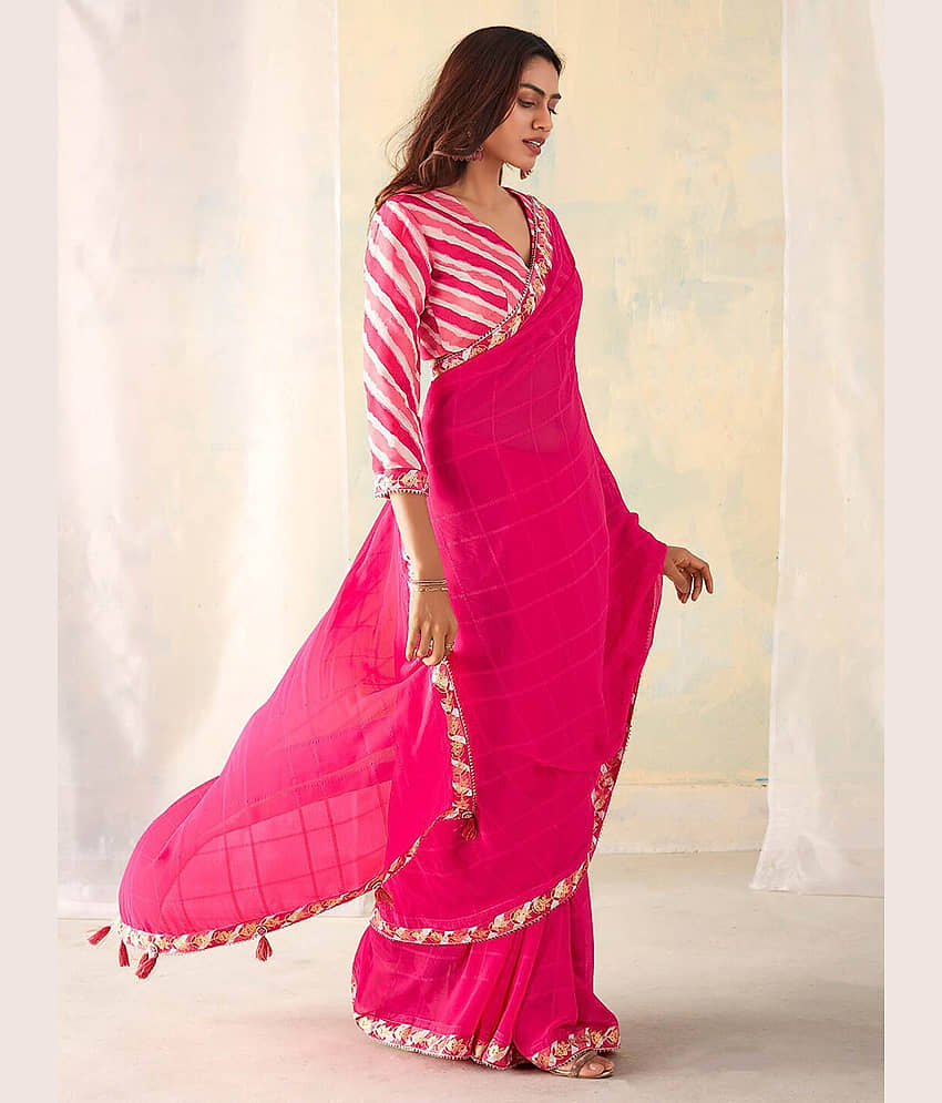 BLEESBURY Georgette Striped Saree With Unstitched Blouse Piece ( Green ) view 2