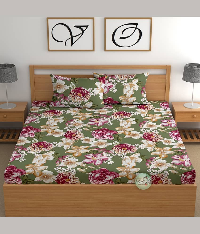 CG HOMES Cotton 1 Double Fitted Bedsheet with 2 Pillow Covers ( 220 cm x 220 cm ) , Green view 2