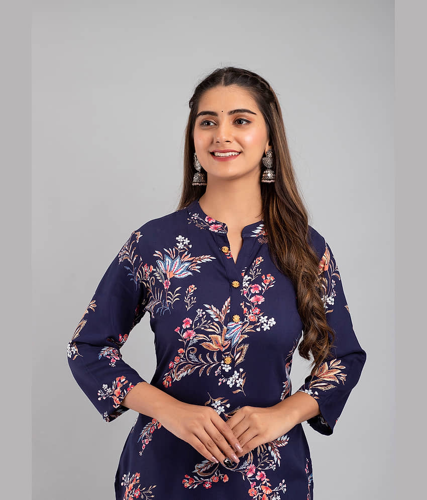 MAUKA - Blue Rayon Women's Straight Kurti ( Pack of 1 ) view 2