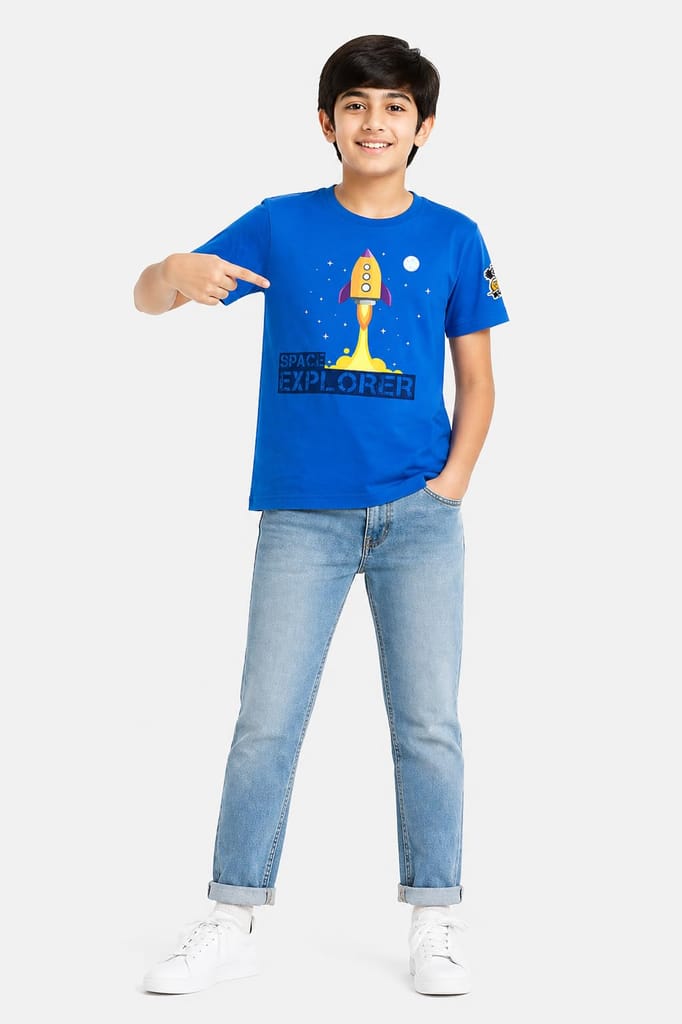 KUCHU Unisex Kids T-Shirt (6-7 Yearsears) | Super Combed Cotton-Modal Blend | Ultra-Soft, Lightweight Digital Print – Space Explorer Design | Trendy & Comfortable Casual Wear for Boys & Girls Blue