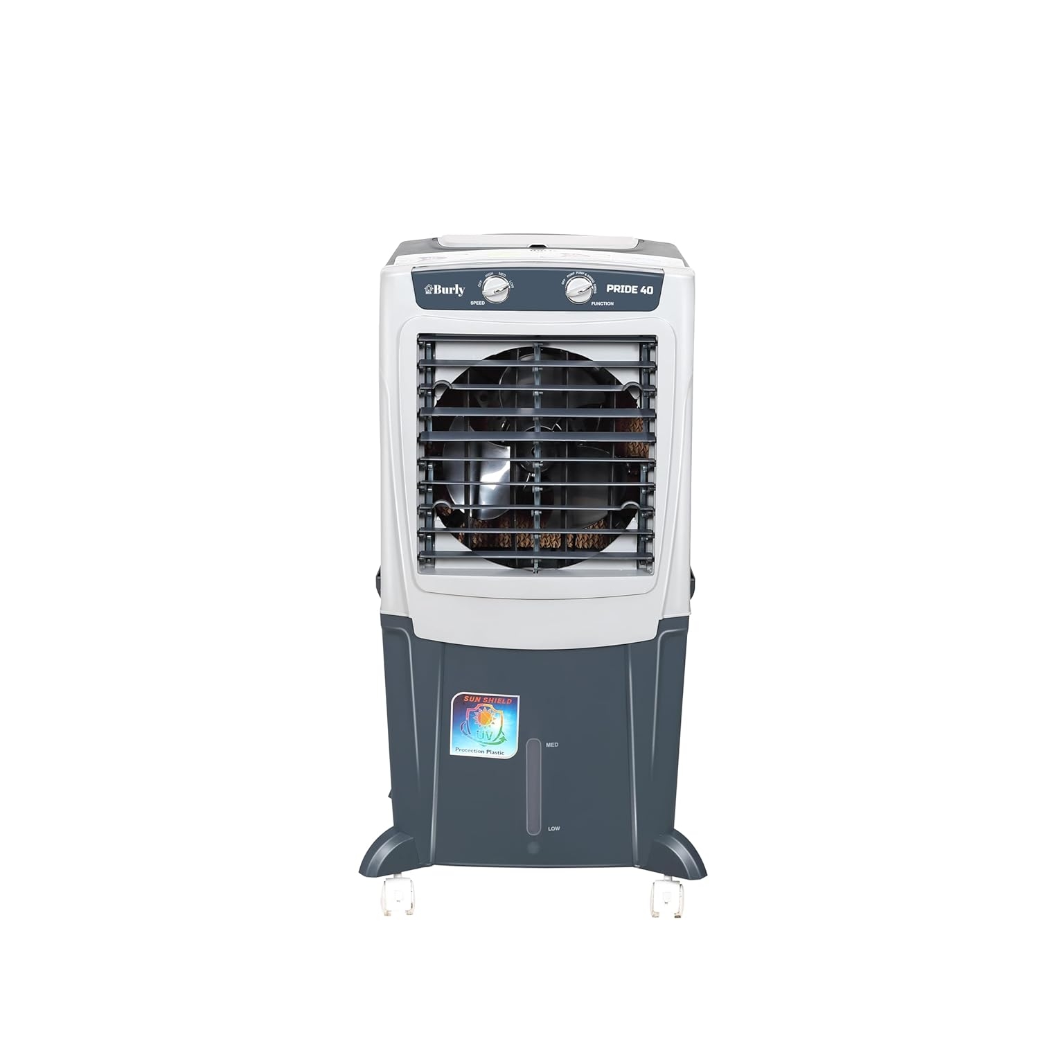 BHABURLY Pride 40 LTR Personal Portable Cooler Anti Bacterial Honeycomb Auto Refill 105 W Powerfull Motor 2400 RPM Auto Swing and 3 Speed Control Castor Wheel- Grey 235 ft Floor Area, 1 yr Warranty