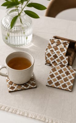 Acacia Wood and White Resin Floral Inlay Coaster Set with Holder - 5 Pieces view 2