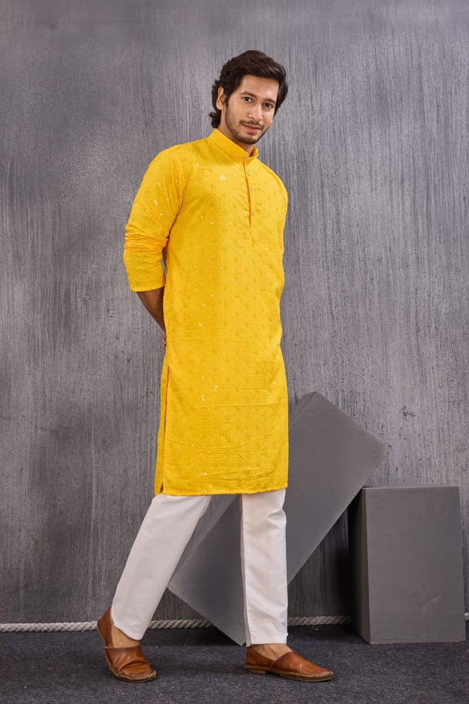 Men's Yellow Chikankari Embroidered Cotton Blend Kurta view 2