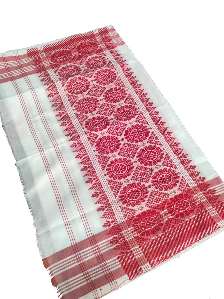 Assamese Traditional Gamosa Set – White with Red Woven Motifs view 2