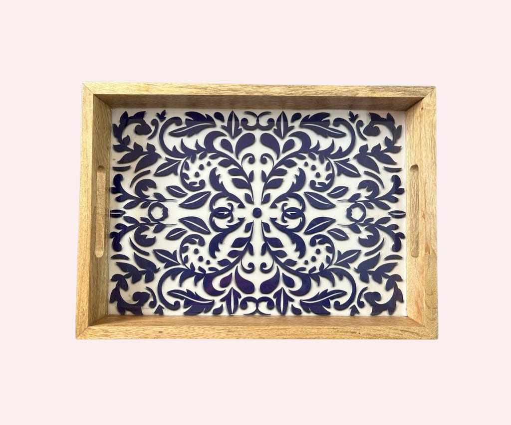 Wooden Tray Rectangular Resin Coated Blue Pottery