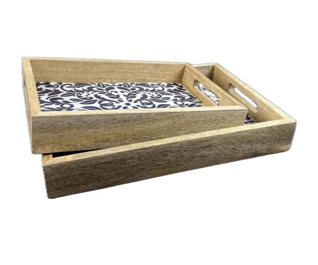 Wooden Tray Rectangular Resin Coated Blue Pottery view 2