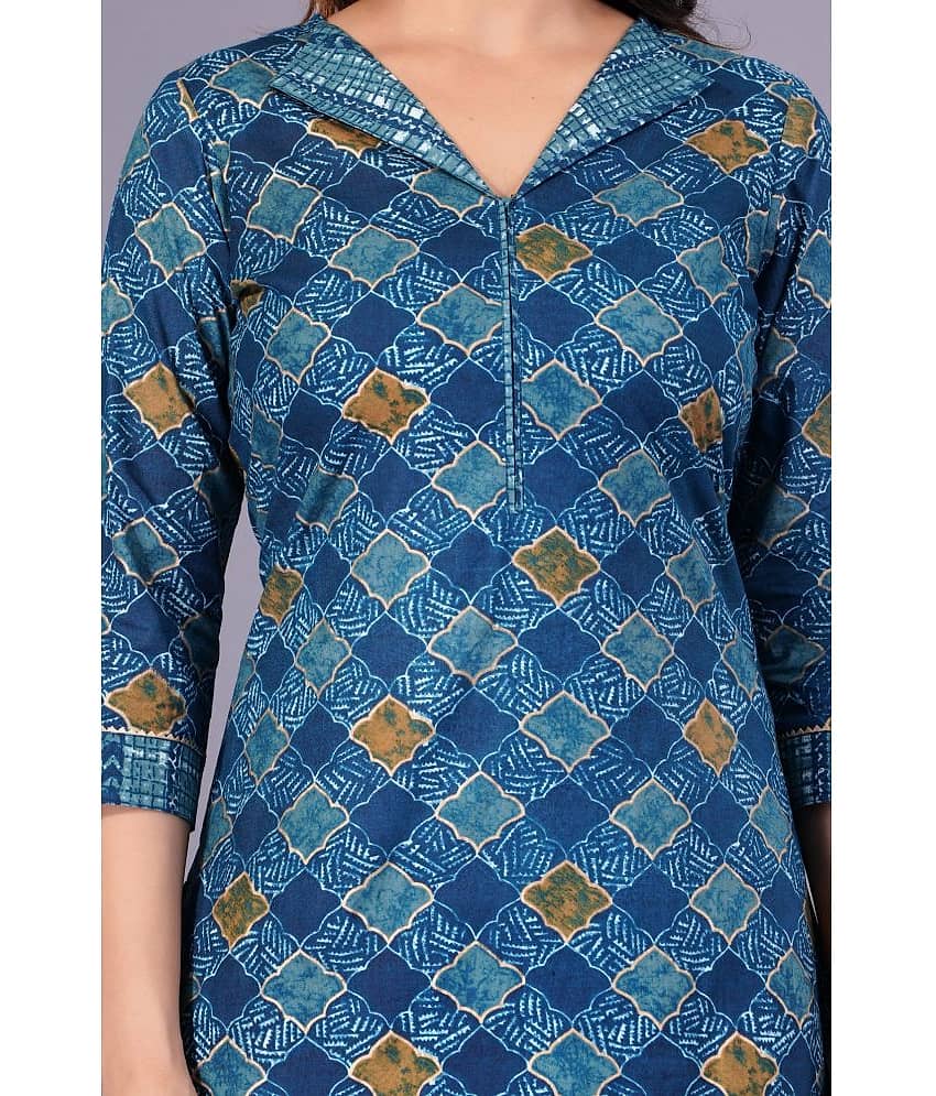 Mishree Collection Cotton Printed Kurti With Pants Women's Stitched Salwar Suit - Blue ( Pack of 1 ) view 2