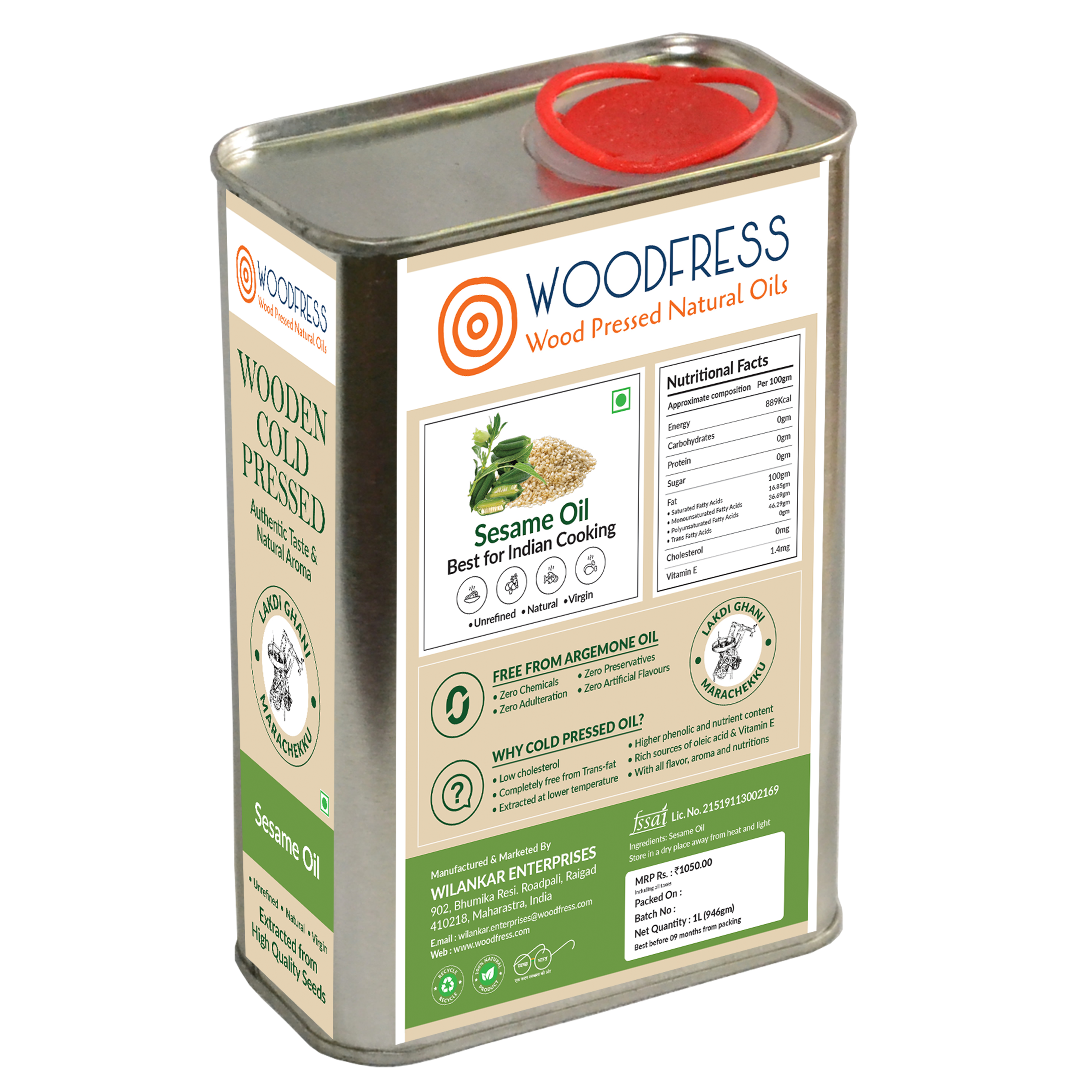 WOODFRESS Pure Cold Pressed Sesame Oil - 1 Litre, Wood Pressed Gingelly Oil, Rich in Omega 6 & 9, Til Oil for Cooking, Woodpress, Metal Tin 1L view 2