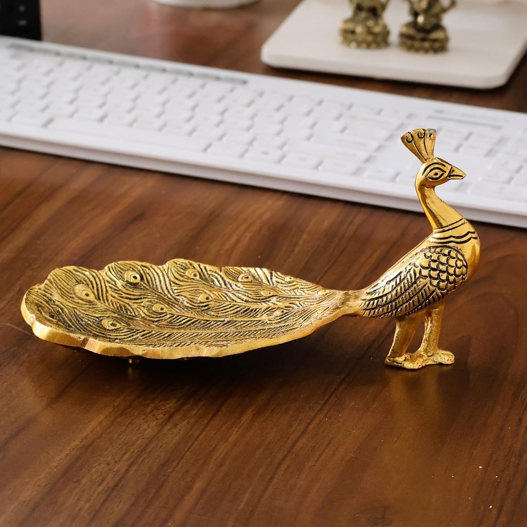 Hand Crafted Golden Metal Peacock Wing Shape Tray Perfect for Home Centre Table Serving Dry Fruits and Snacks