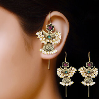 Vivastri Moon Gold Plated Alloy Pearl Ear Cuff, Cuff Earrings Kaanphool Guttapusalu for Women & Girls - VIVA2889ERG view 2
