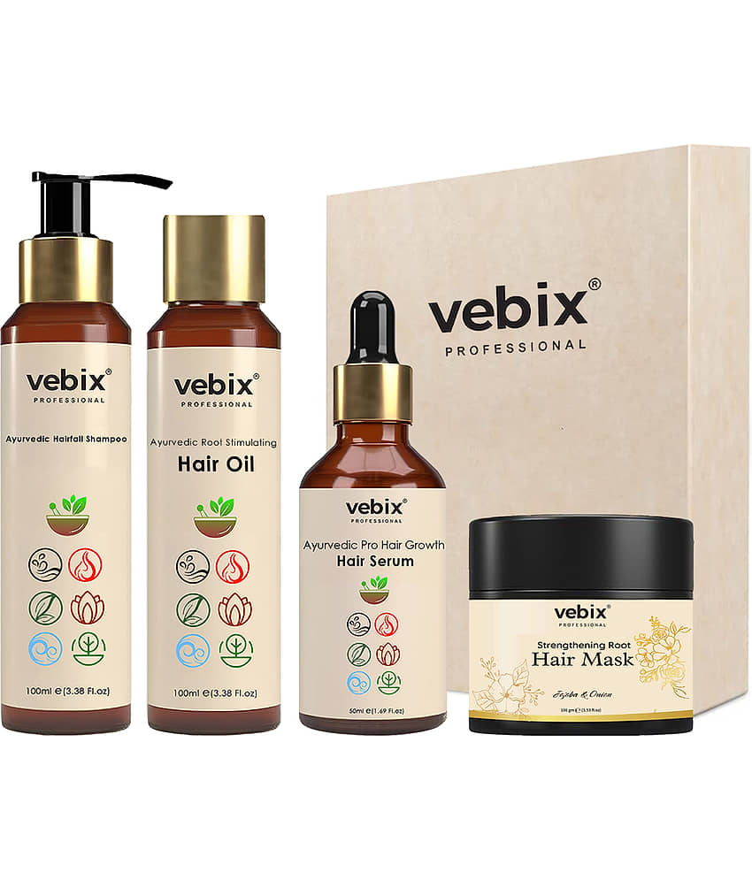 VebixProfessional HairCare Regimen -Ayurvedic 4 Product Vedix Kit -For All Hair - Lotus AntiHairfall Shampoo + Anti HairFall Neem Oil + Hair Keratin Mask & Hair Growth Serum
