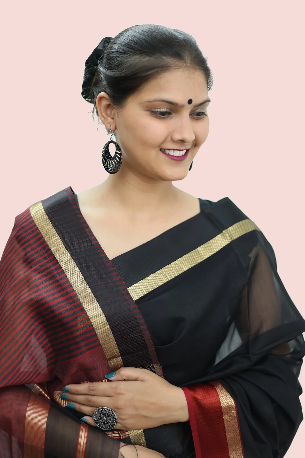 Magical Black Resham Border Rewa Lehar handloom Saree with Tassels view 2