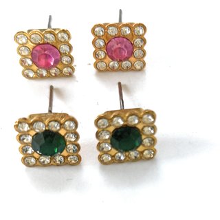 Bearutiful Pink Green Colour Earing Stug With American Diamond view 2