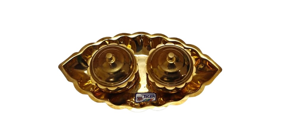 Brass Kumkum Holder with Tray - Traditional Golden Design for Puja & Decor view 2