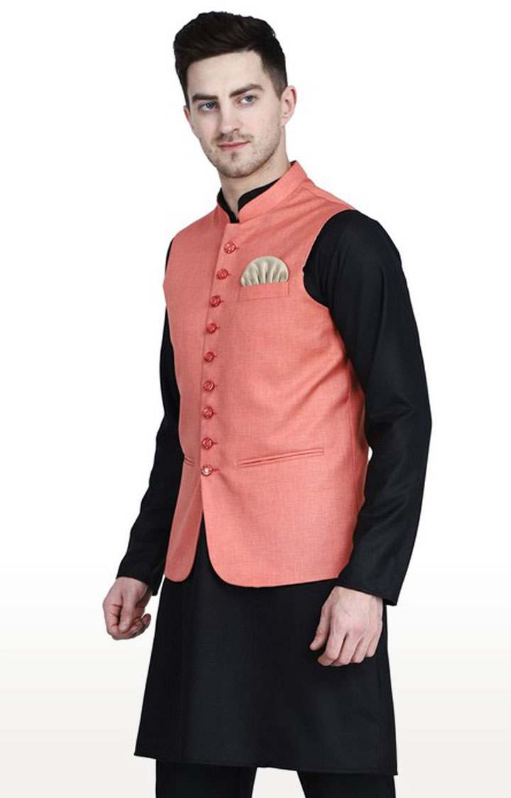 Tahvo Peach Nehru Jacket with Hanky view 2
