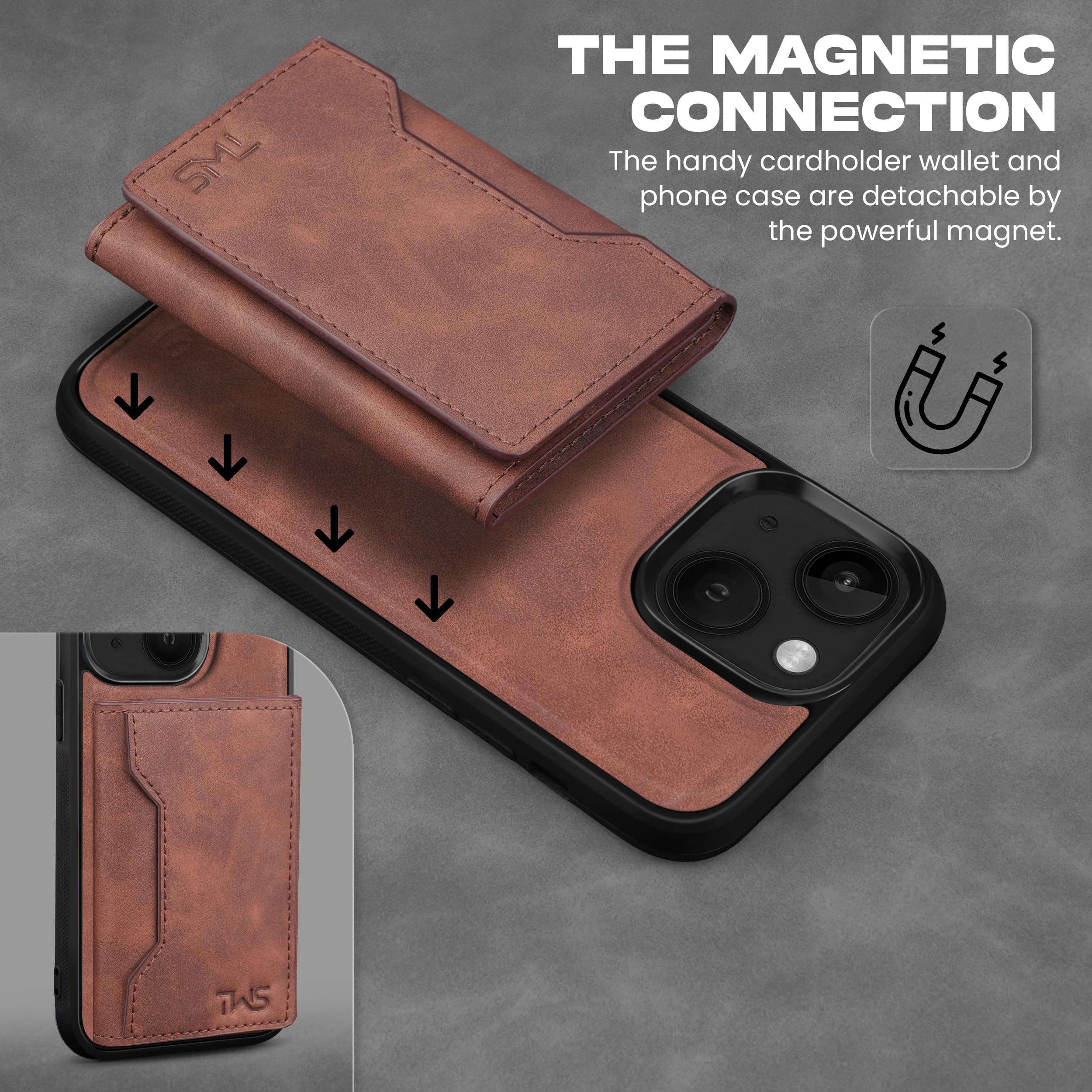 The Wallet Store Premium Leather iPhone Case Cover With Detachable Cardholder - Brown - iPhone 14 Plus view 2