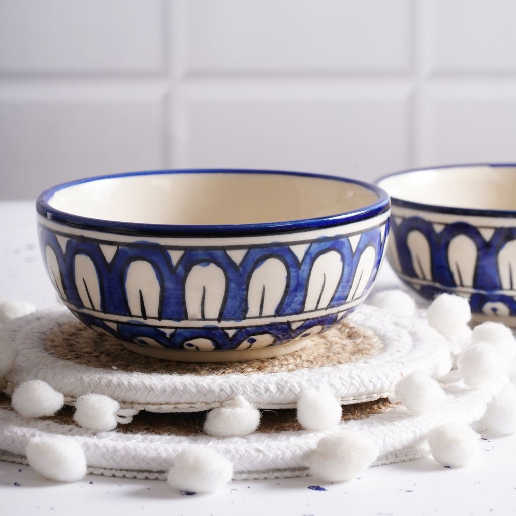 STOREPEDIA Handcrafted Blue Mughal Ceramic Bowl Katori Set of 2 Microwave Dishwasher Safe Vegetable Dessert Snack Fruits Soup Bowl Set for Hotel Kitchen Gift Use 250 ml view 2