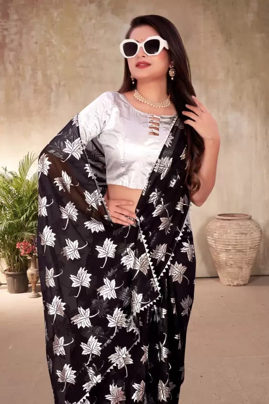 Latest Design Silver Foil Printed Georgette Saree