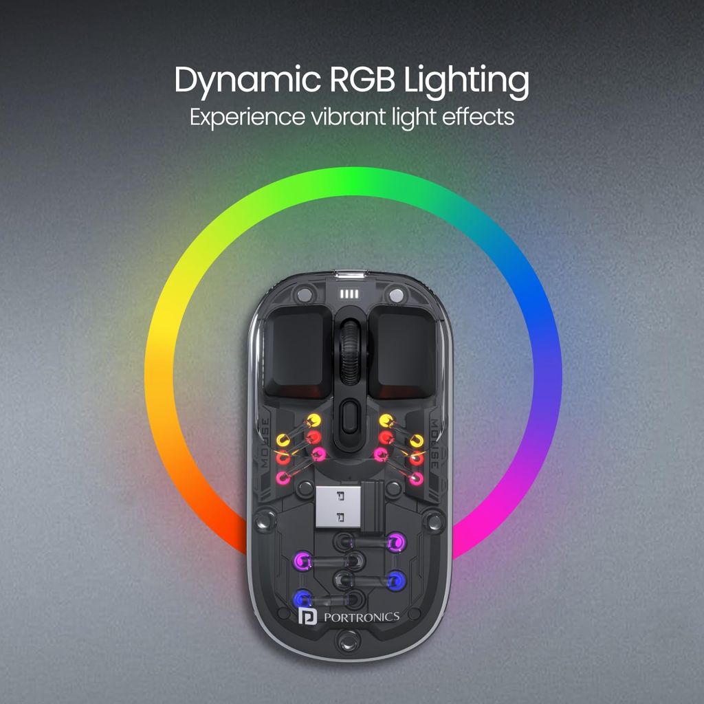 Portronics Toad 5 Transparent Bluetooth Mouse with 2.4 GHz & BT 5.3 Dual Wireless, Rechargeable, RGB Lights, Connect 3 Devices, Sleek Design for Laptop, Smartphone, Tablet (Black) view 2