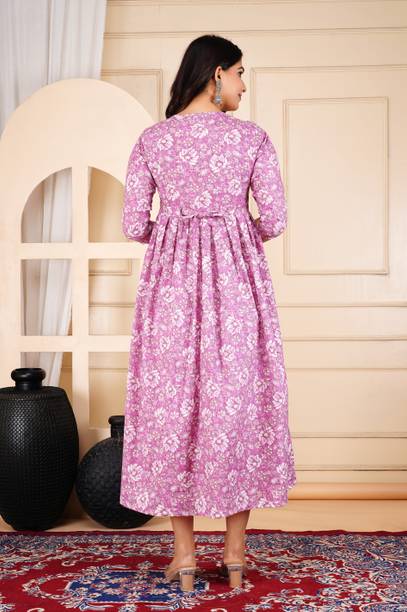 Women Printed Cotton Blend Anarkali Kurta (Purple) view 2