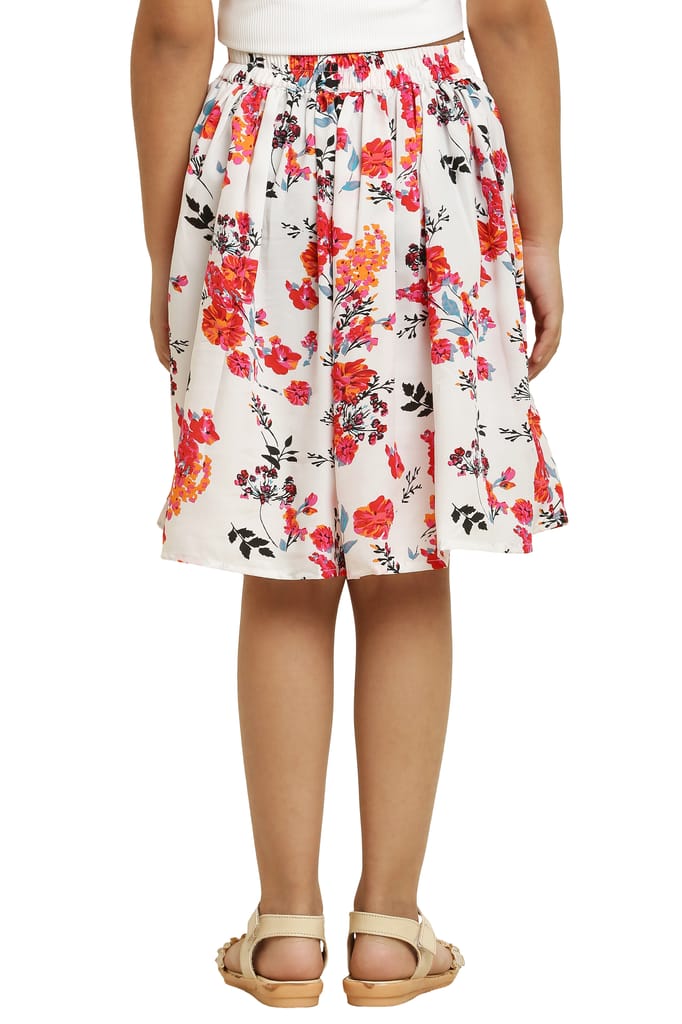 Stylish Red Floral Printed Elastic & Ribbon Skirt for girls. view 2