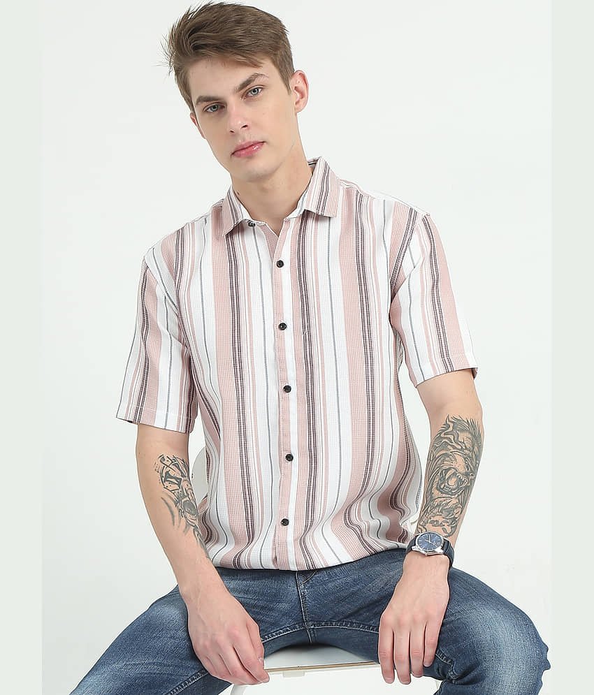 HETIERS Cotton Blend Slim Fit Striped Half Sleeves Men's Casual Shirt - White ( Pack of 1 )