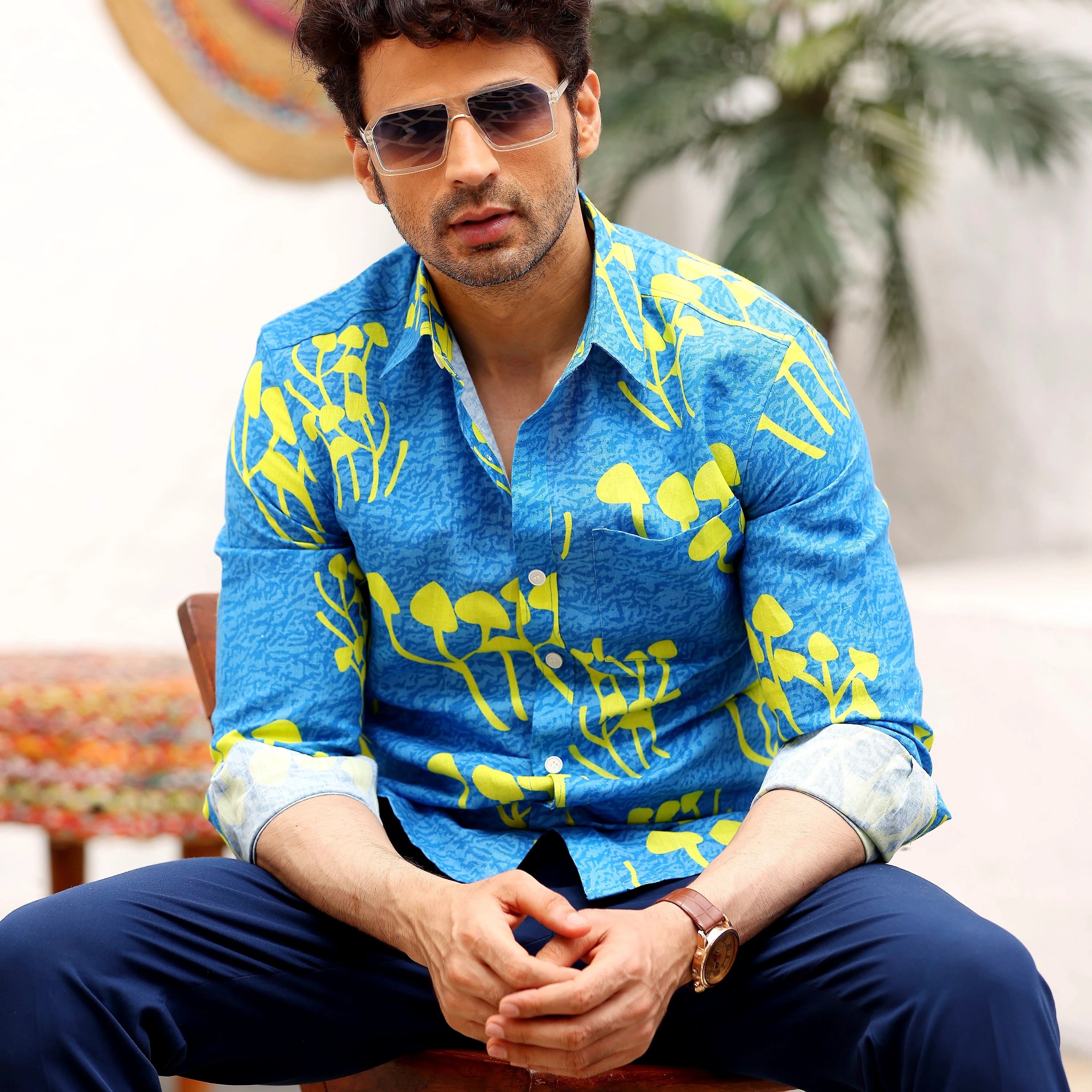 Mushroom Bunch Ocean Blue Casual Pure Linen Full Shirt (Size - L) by BLUE EAGLE