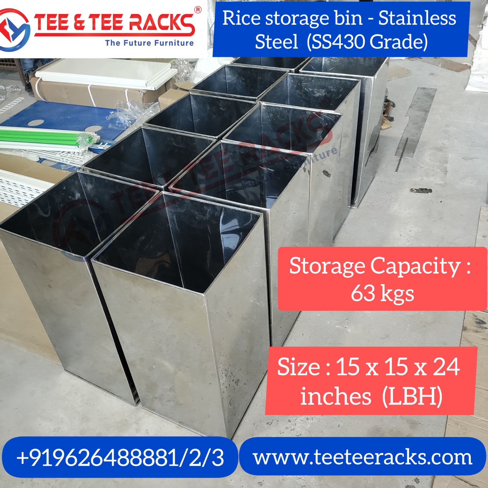 Rice Stainless Steel Storage Bin - 63 Kg Capacity