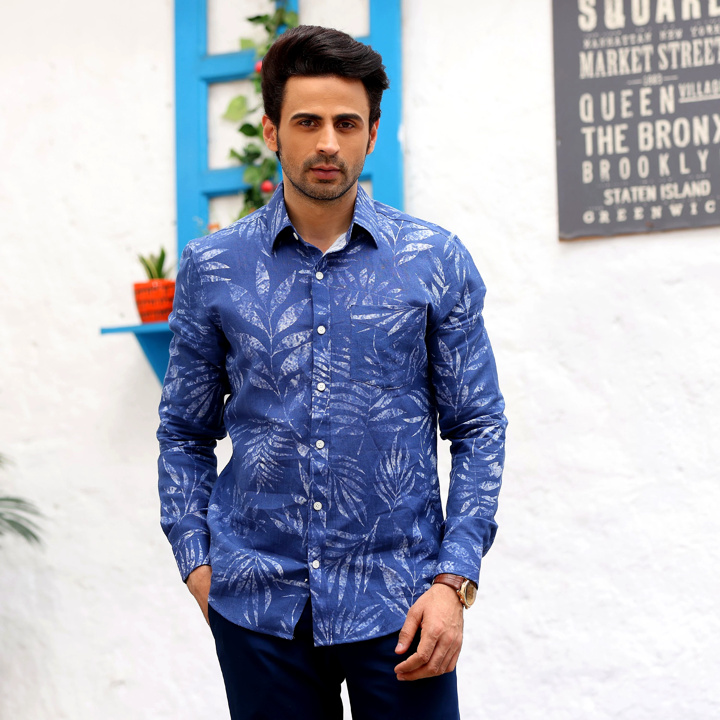 Tropical Leaves Cobalt Blue Casual Pure Linen Full Shirt (Size - S) by BLUE EAGLE view 2