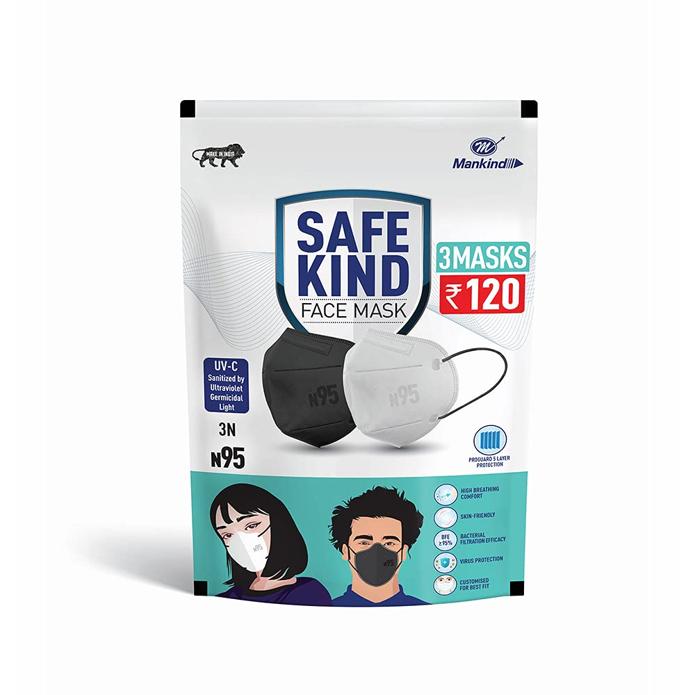 Mankind SafeKind N95 Face Masks with 5 Layer Protection (2 Black + 1 White) view 2