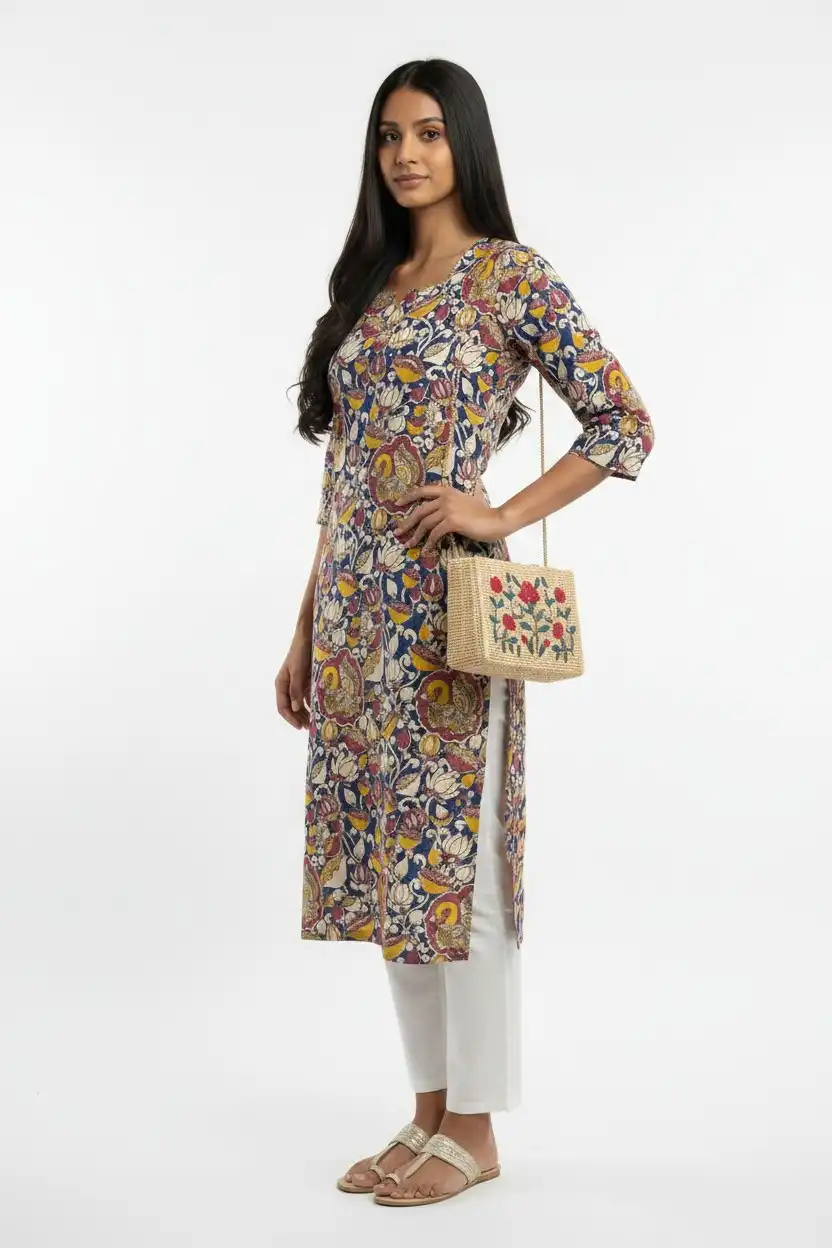 Block Print Cotton Kurti Blue Pink Yellow Floral view 2