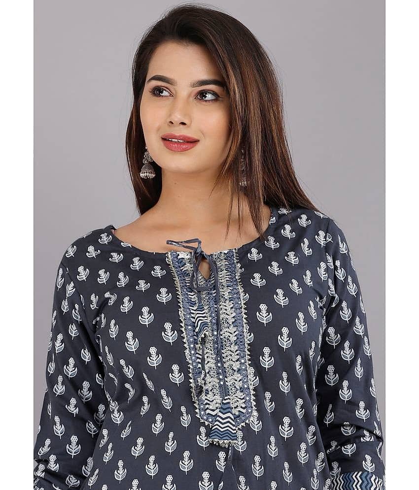 JC4U Cotton Printed Kurti With Pants Women's Stitched Salwar Suit - Navy ( Pack of 1 ) view 2