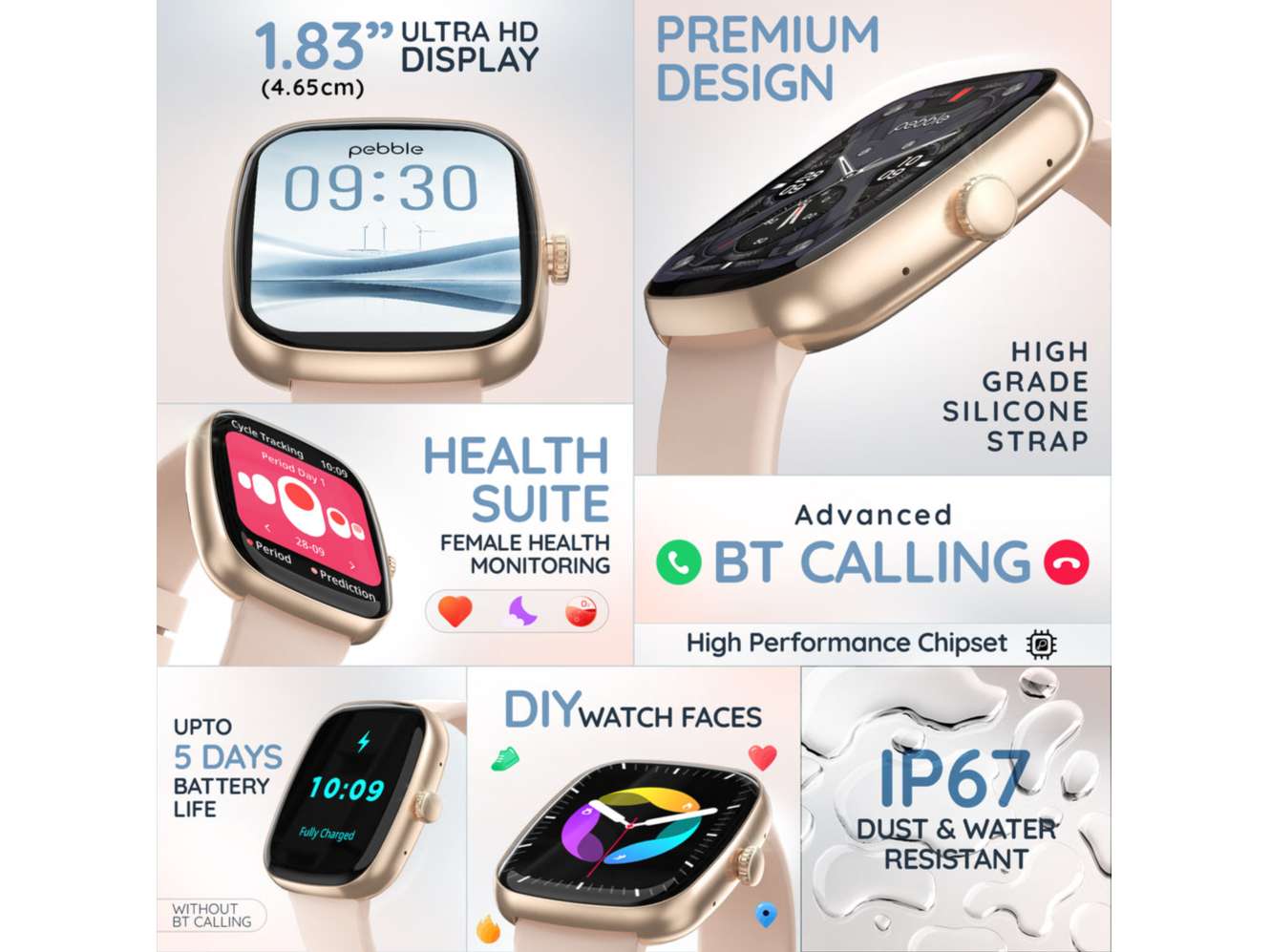Pebble Stella 1.83" HD Smart Watch BT Calling, Premium Metal Build, 100+ DIY Watch Faces, Female Health & Heart Rate Tracking, 100+ Sports Modes - Flamingo Pink view 2